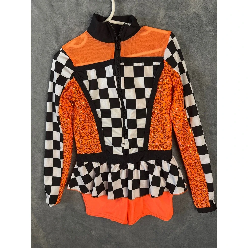 A Wish Come True Finish Line Orange Sequin Checkered Dance Costume Leotard SC